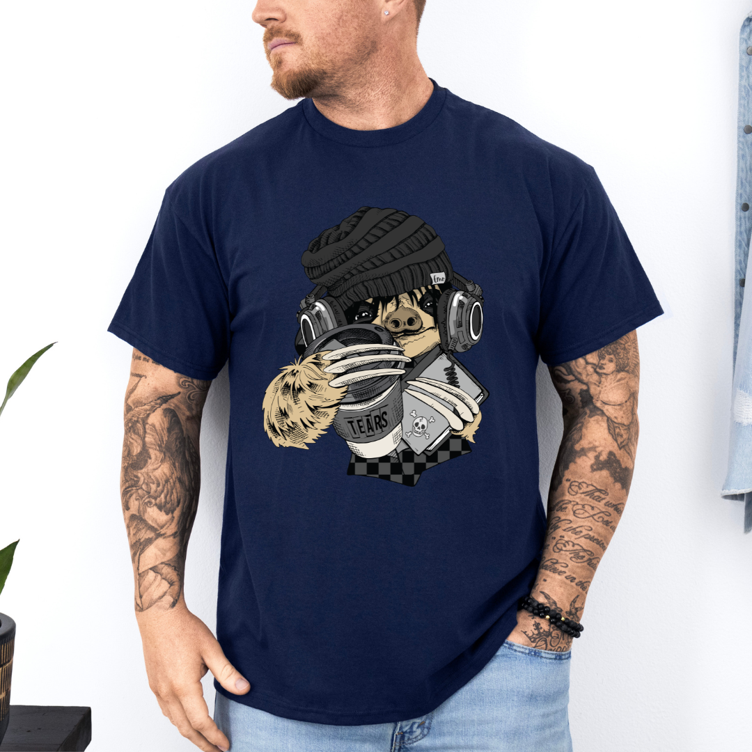 Male Model wearing a Navy Emo Sloth Tears funny graphic t-shirt with detailed sloth design, from Coffee and Moo.
