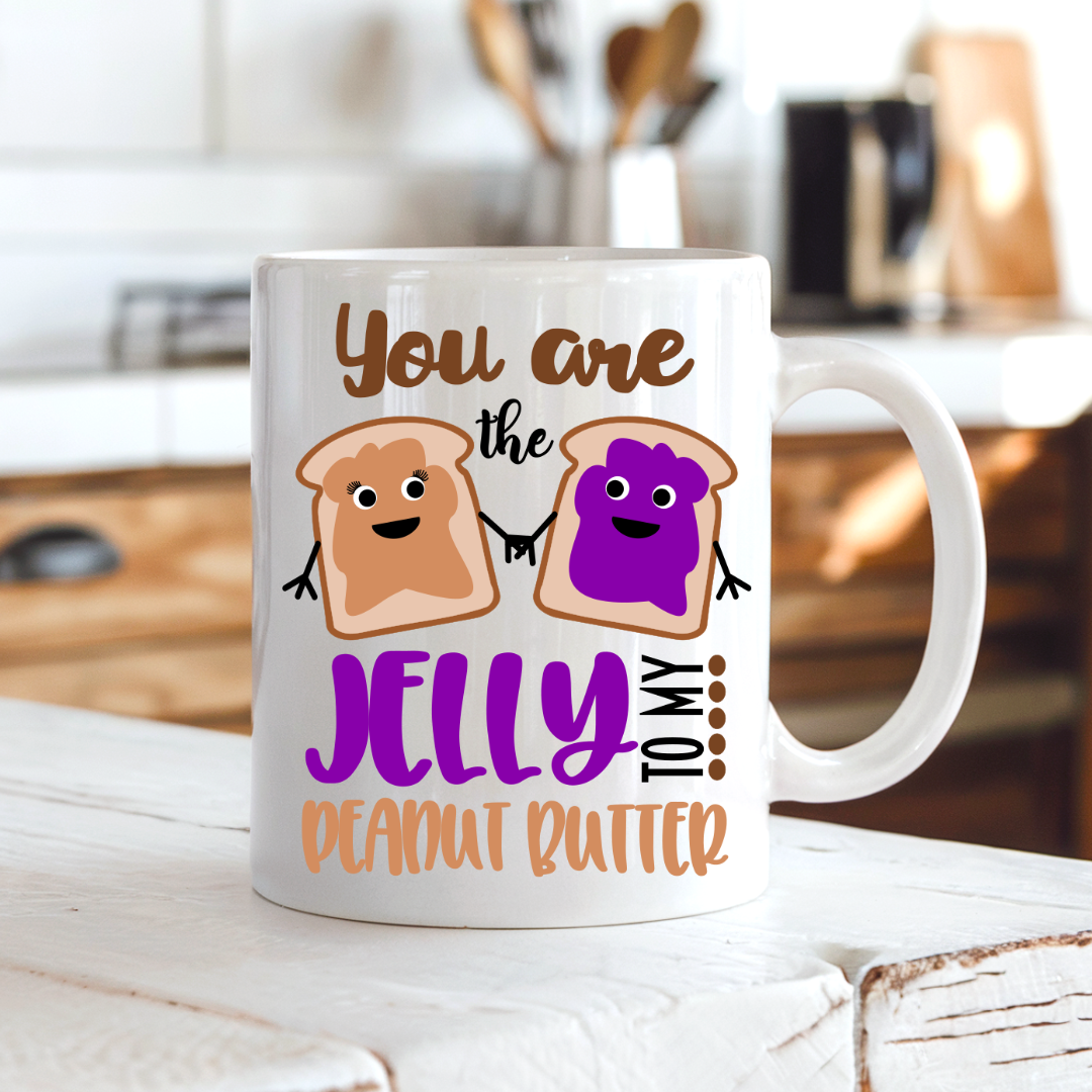 Peanut Butter & Jelly matching coffee mug set on a country kitchen bench, perfect for couples or best friends, by Coffee and Moo.