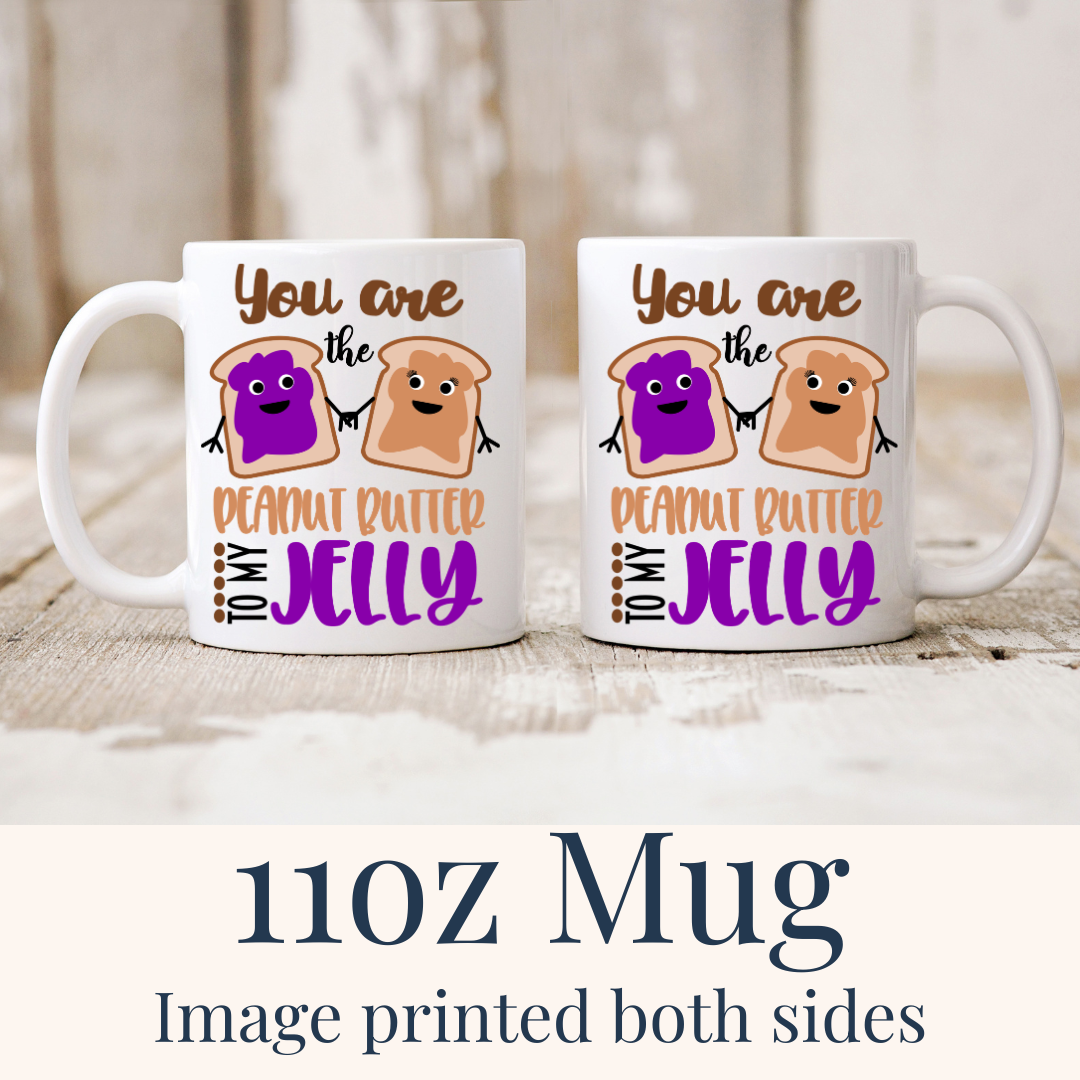 11oz Peanut Butter & Jelly ceramic mugs, with the "peanut butter" and "jelly" designs visible on both sides, from Coffee and Moo.