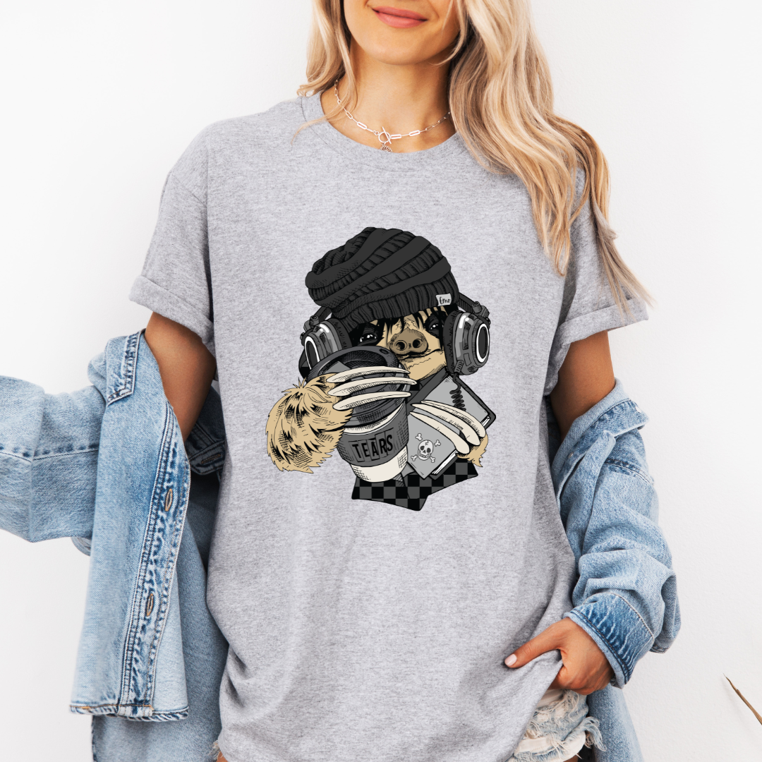 Female Model wearing a grey Emo Sloth Tears funny graphic t-shirt with detailed sloth design, from Coffee and Moo.