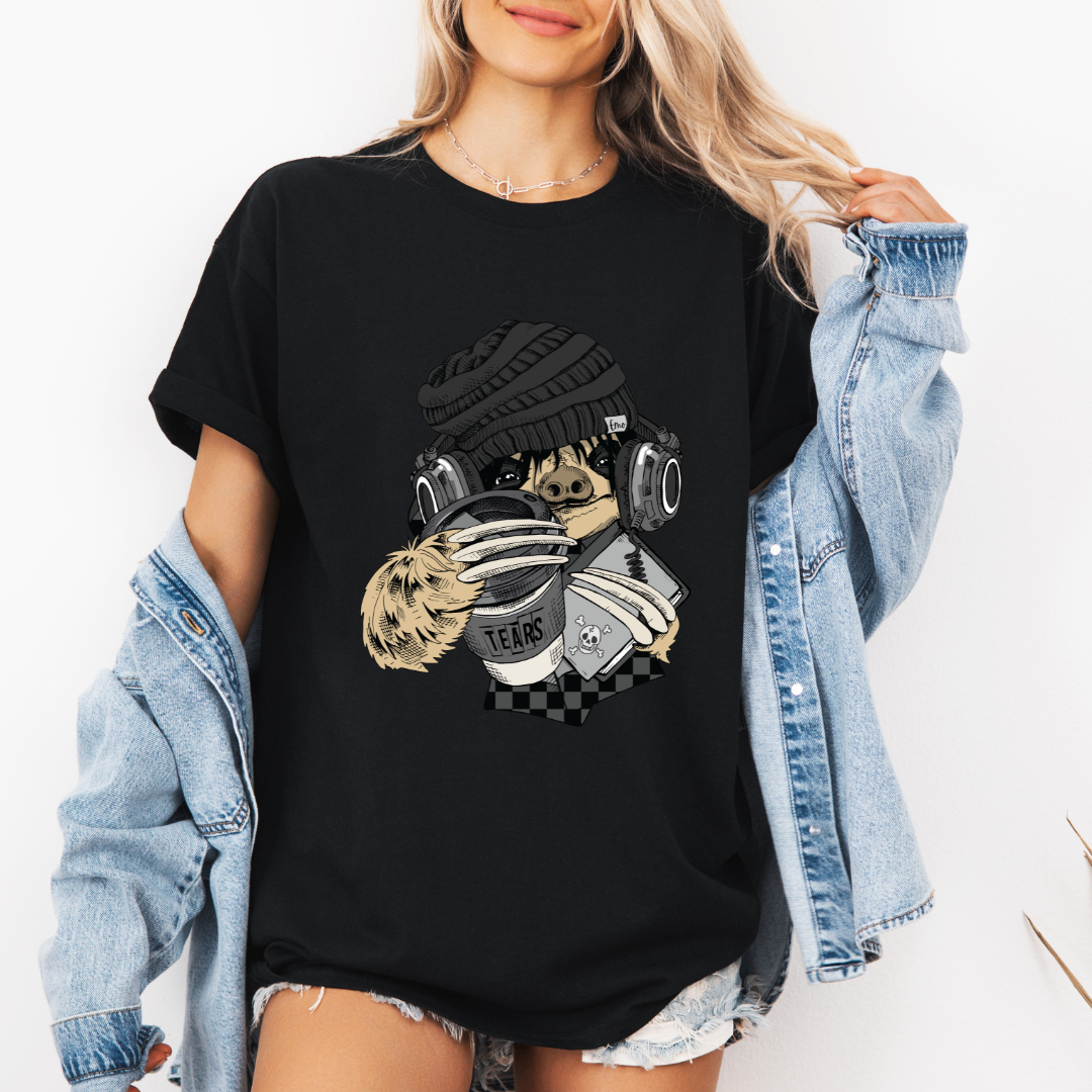 Female Model wearing a black Emo Sloth Tears funny graphic t-shirt with detailed sloth design, from Coffee and Moo.