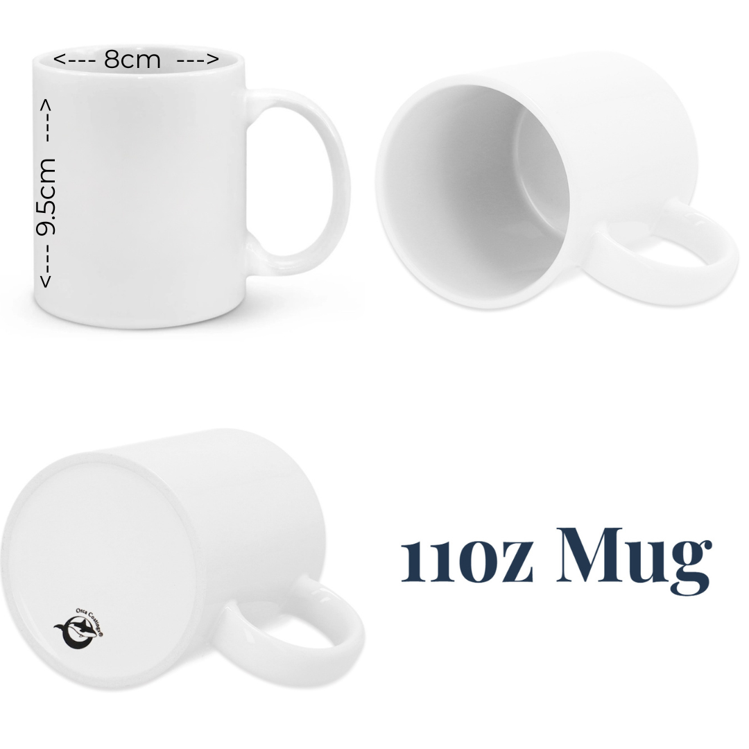 mug showing 11oz measurement chart and a close-up of the mug's bottom, by Coffee and Moo. (Copy)