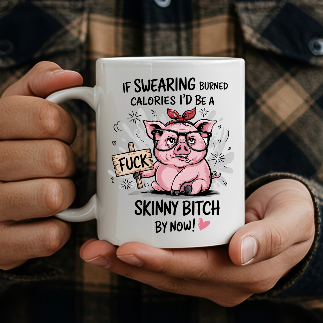 Adult holding Swearing Burned Calories humorous coffee mug, showcasing the design, by Coffee and Moo.