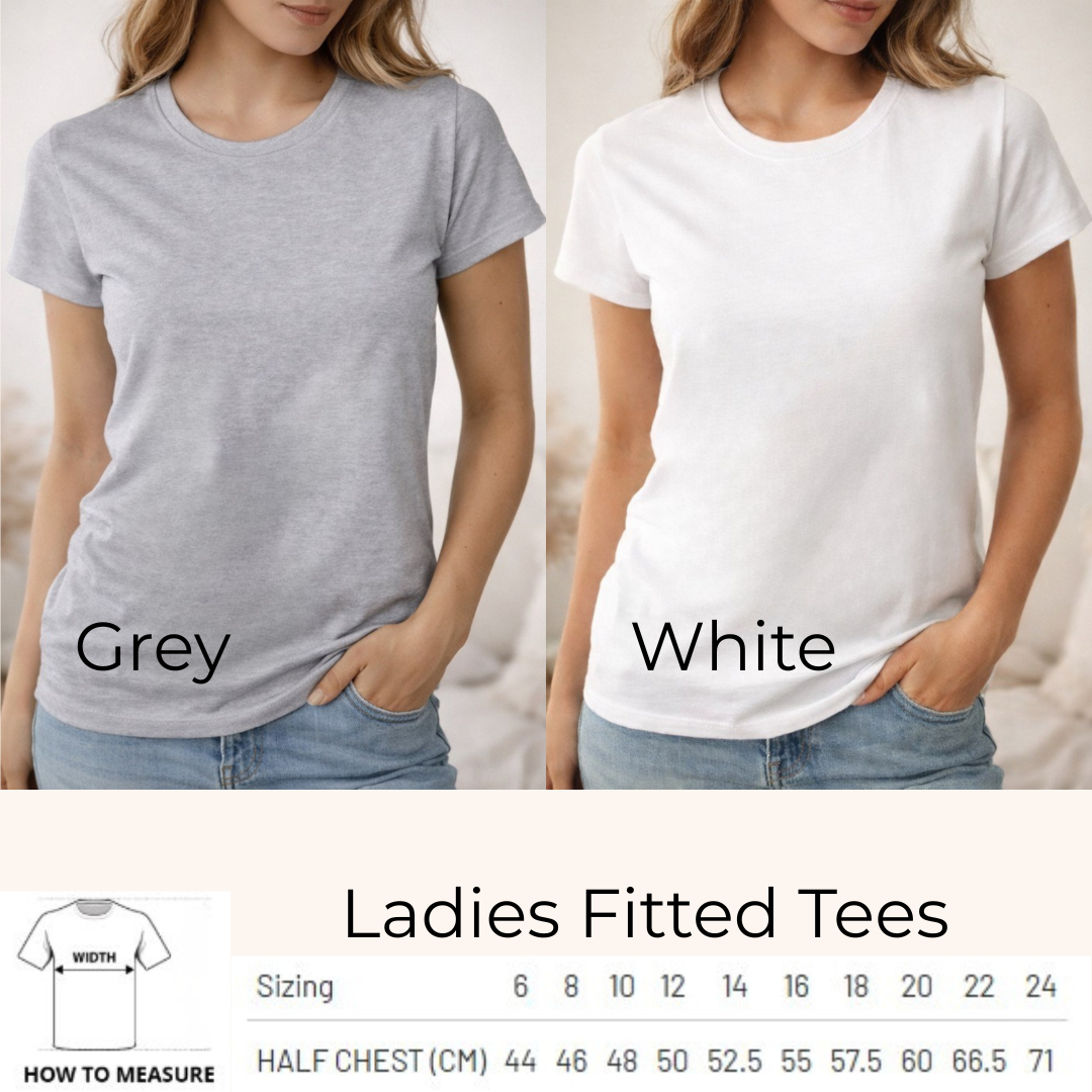 Size chart for ladies fitted tee detailing measurements for accurate fit selection, from Coffee and Moo. (Copy)