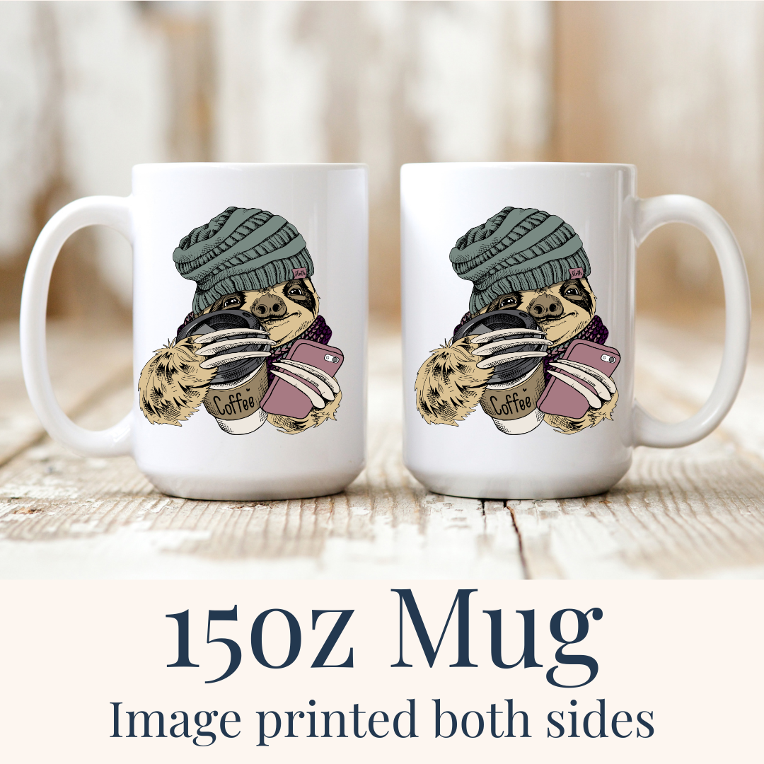15oz Cozy Coffee Sloth ceramic mugs, with the full design visible on both sides, from Coffee and Moo.