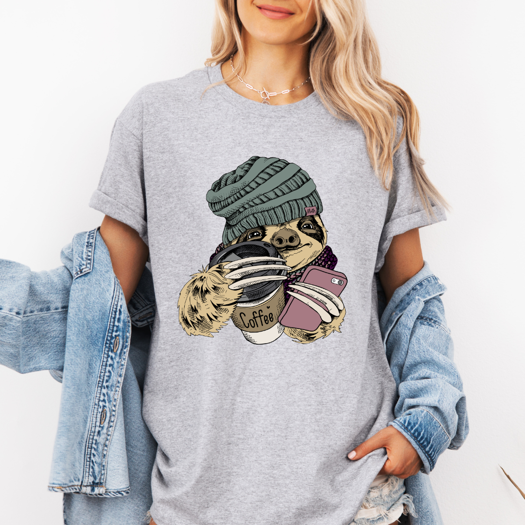 Coffee Sloth – Cozy Morning Hustle Tee