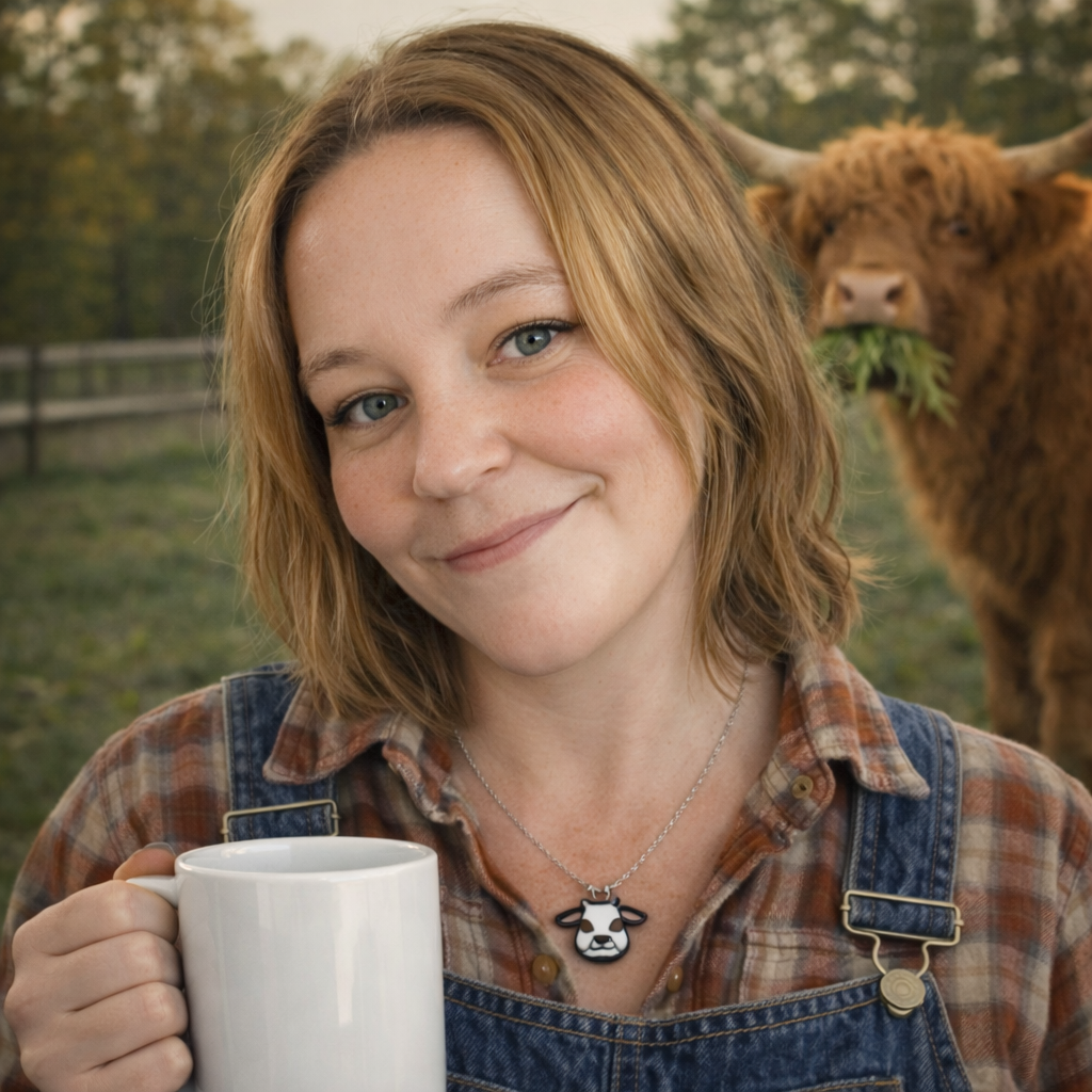Owner of Coffee and Moo holding a white mug, standing outdoors with a Highland cow chewing grass in the background.