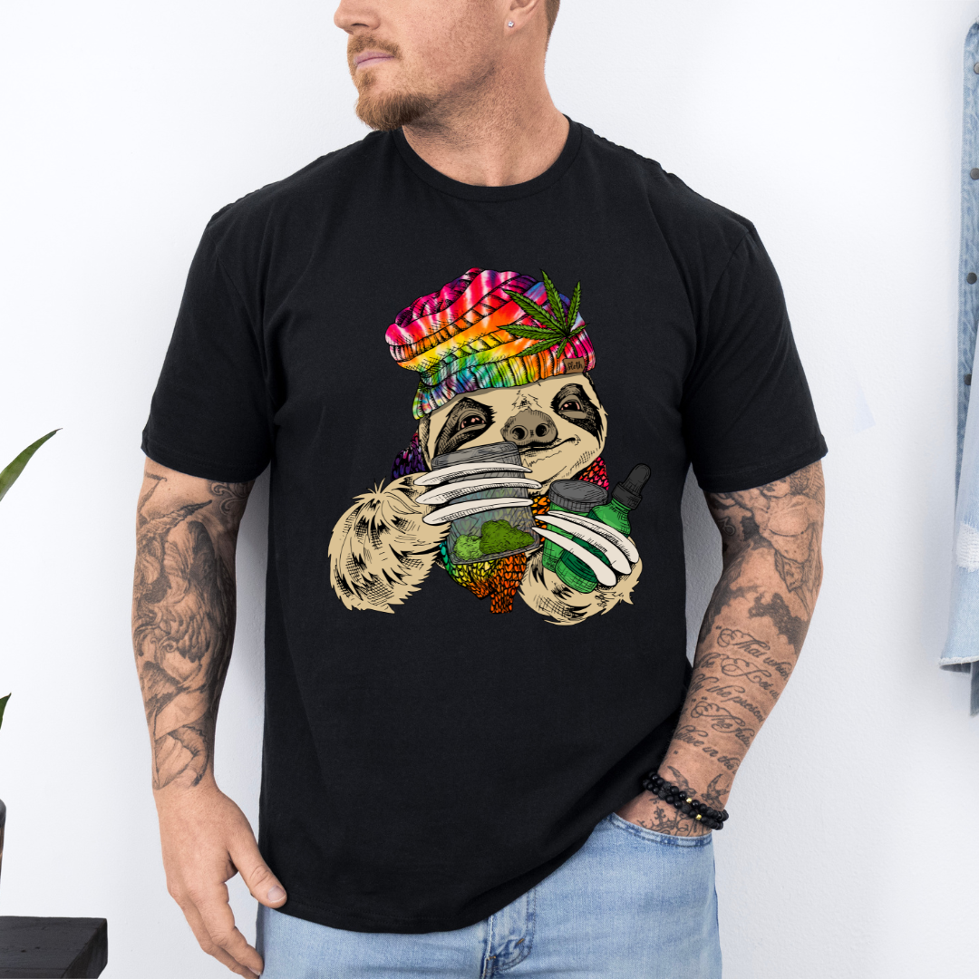 Male Model wearing a black Chill Stoner Sloth soft graphic t-shirt, showcasing its unique design and comfortable fit from Coffee and Moo.