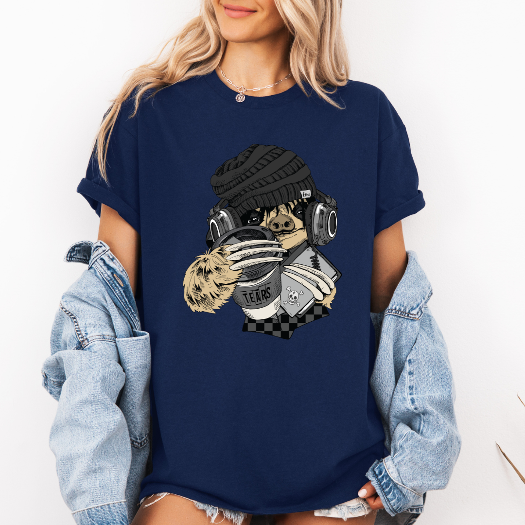 Female Model wearing a Navy Emo Sloth Tears funny graphic t-shirt with detailed sloth design, from Coffee and Moo.