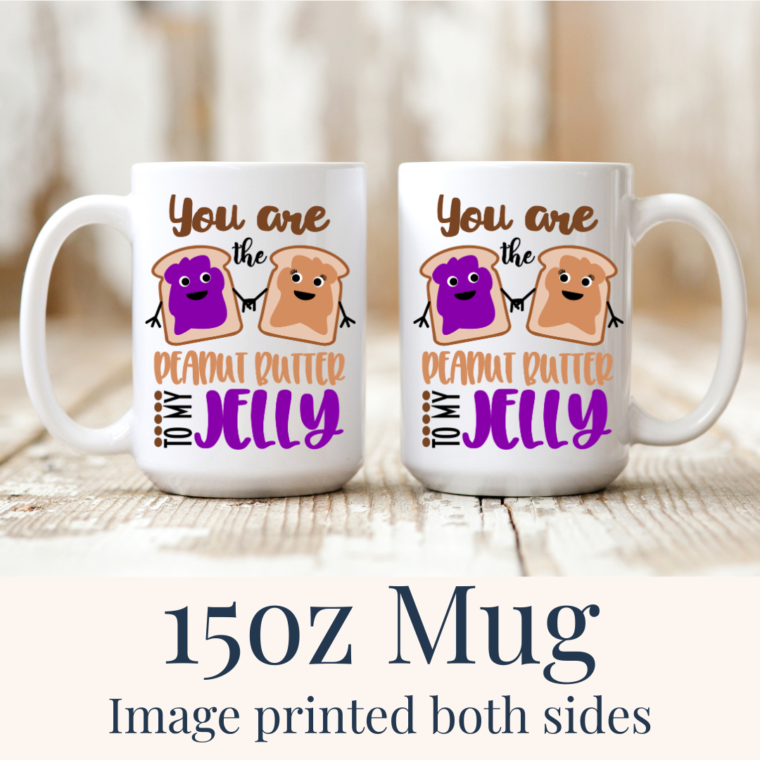 15oz Peanut Butter & Jelly ceramic mugs, with the "peanut butter" and "jelly" designs visible on both sides, from Coffee and Moo.