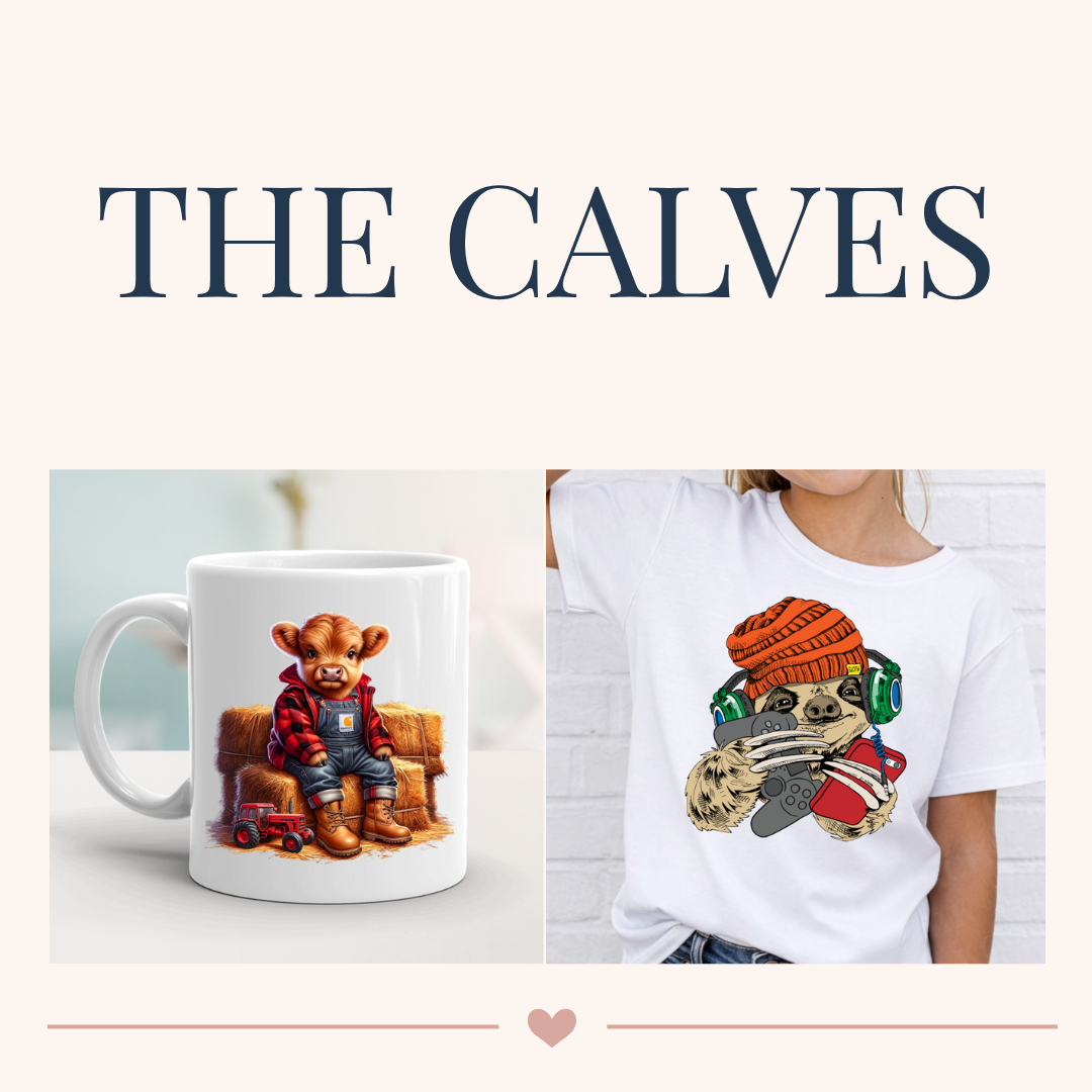 Two images of T-shirts featuring sloth characters dressed as farm animals and with headphones, on a light background with the text 'The Calves' at the top.