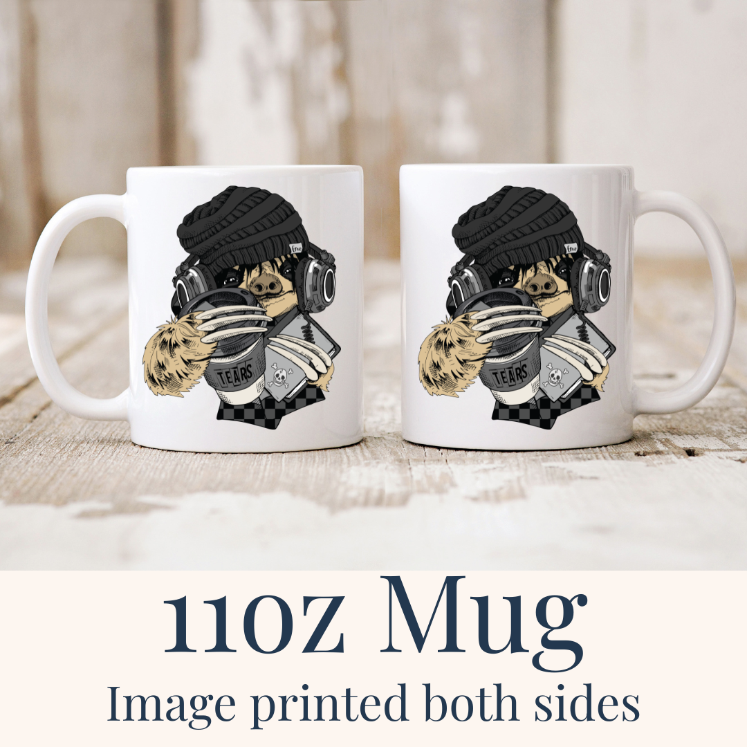 Emo Sloth Tears funny coffee mug showing the detailed sloth design with headphones, on both sides of the 11oz mug from Coffee and Moo.