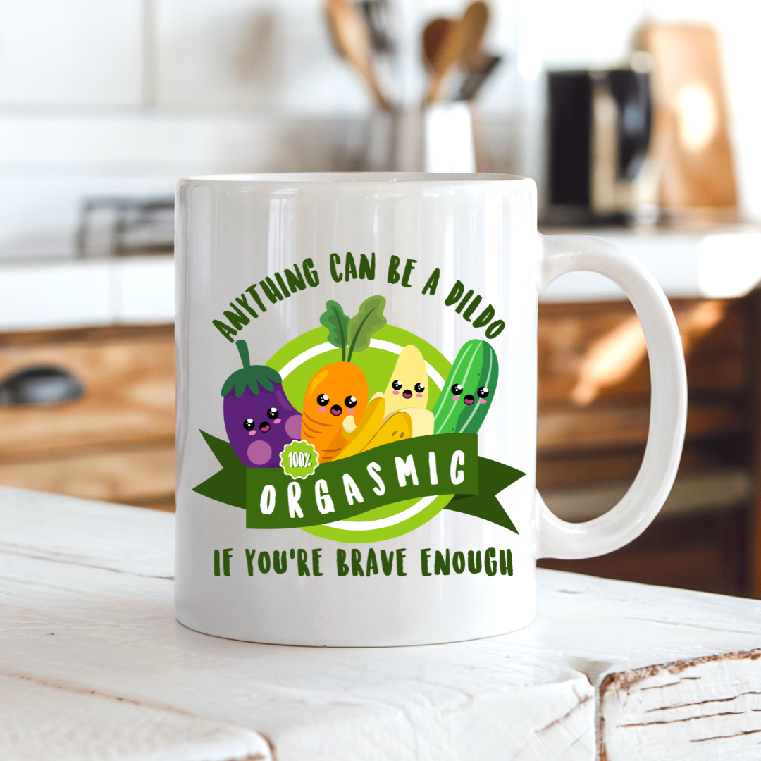Orgasmic Veggies funny coffee mug on a country kitchen bench, adding bold humour to a rustic setting, by Coffee and Moo.