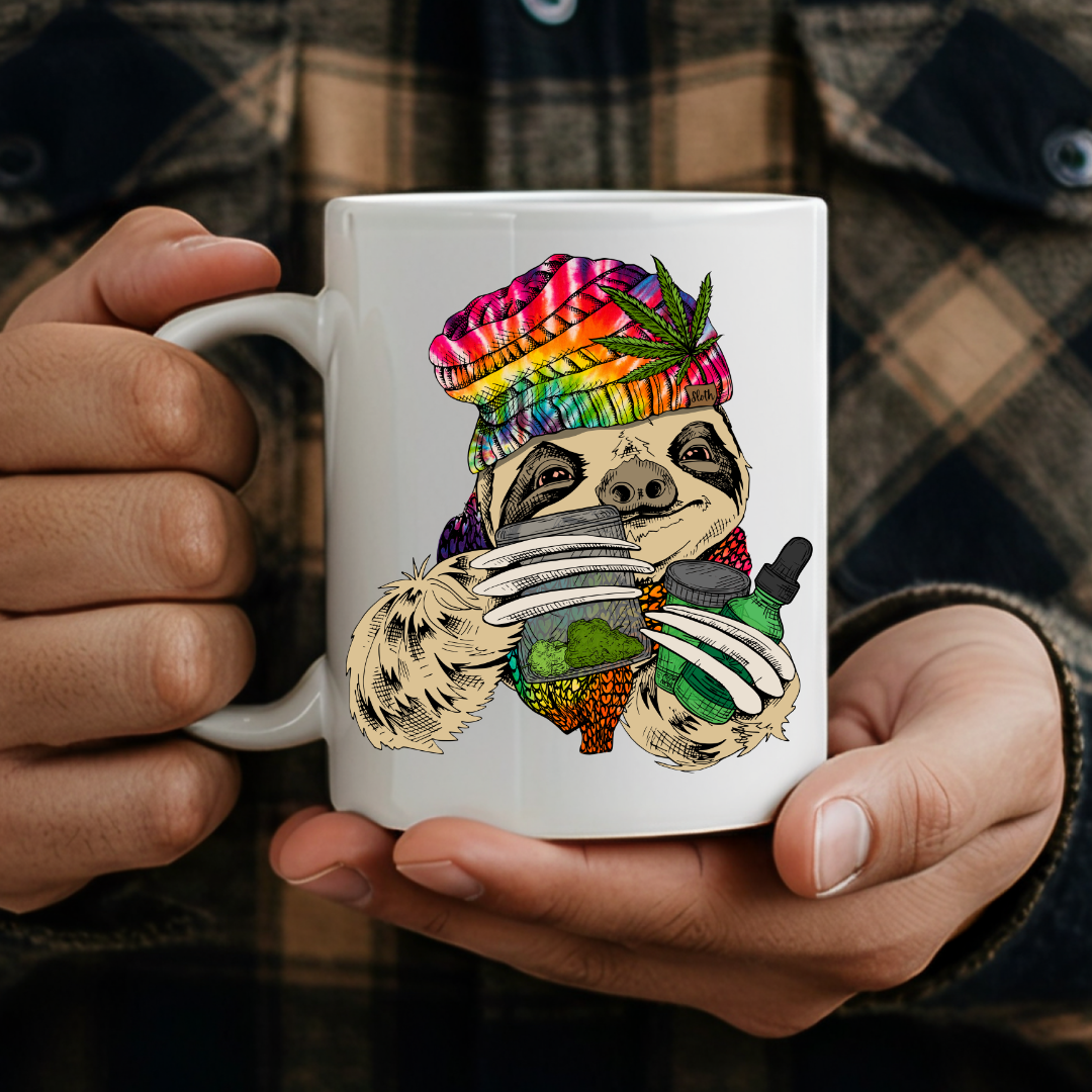 Male holding an 11oz Chill Stoner Sloth humorous coffee mug, showcasing the design and comfortable grip, by Coffee and Moo.