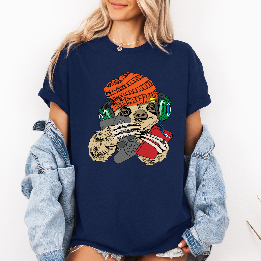 Female Model wearing a navy blue Gamer Sloth soft graphic t-shirt, showcasing its unique design and comfortable fit from Coffee and Moo.