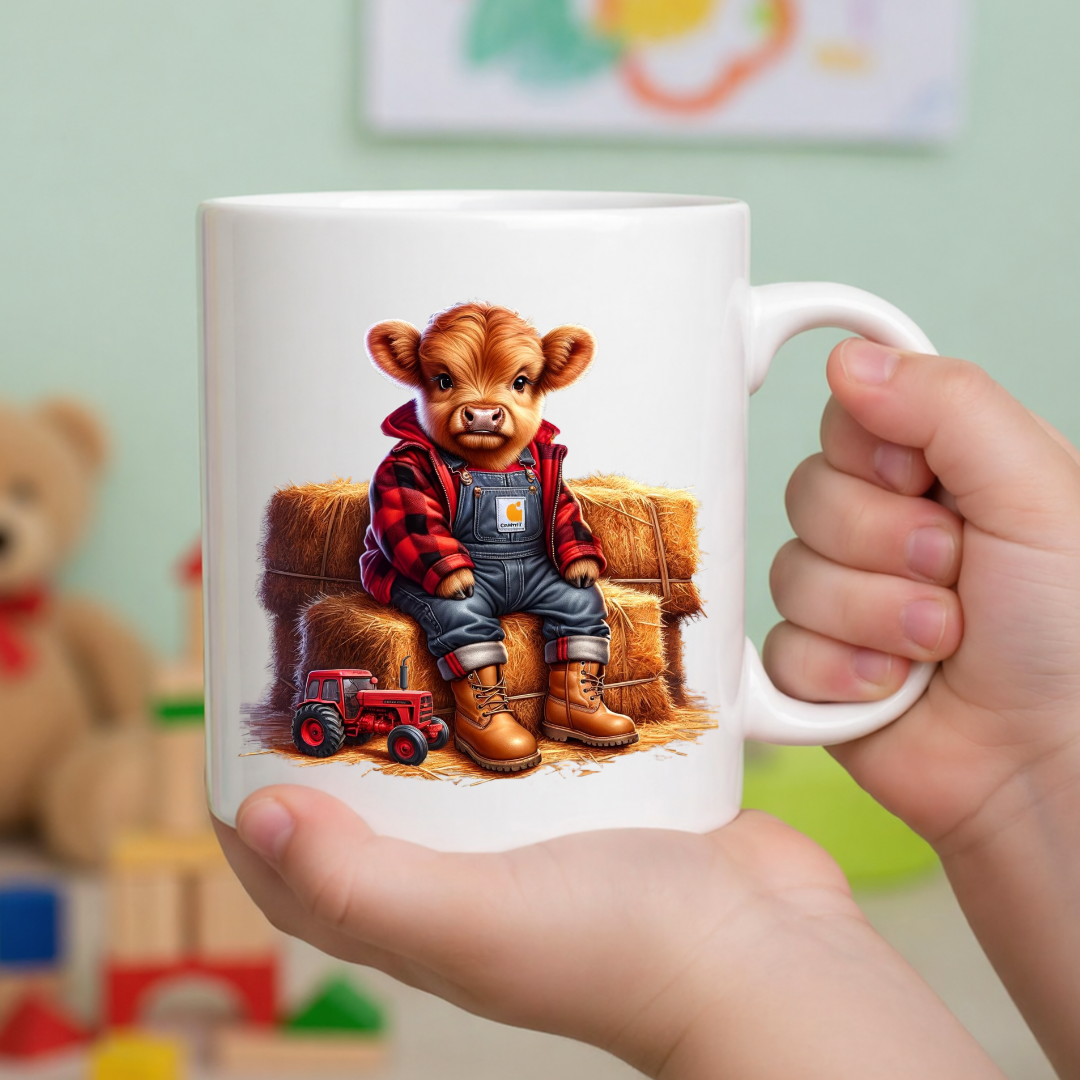 A happy child holding the red plaid Highland calf mug, showing it’s the perfect size for little hands.