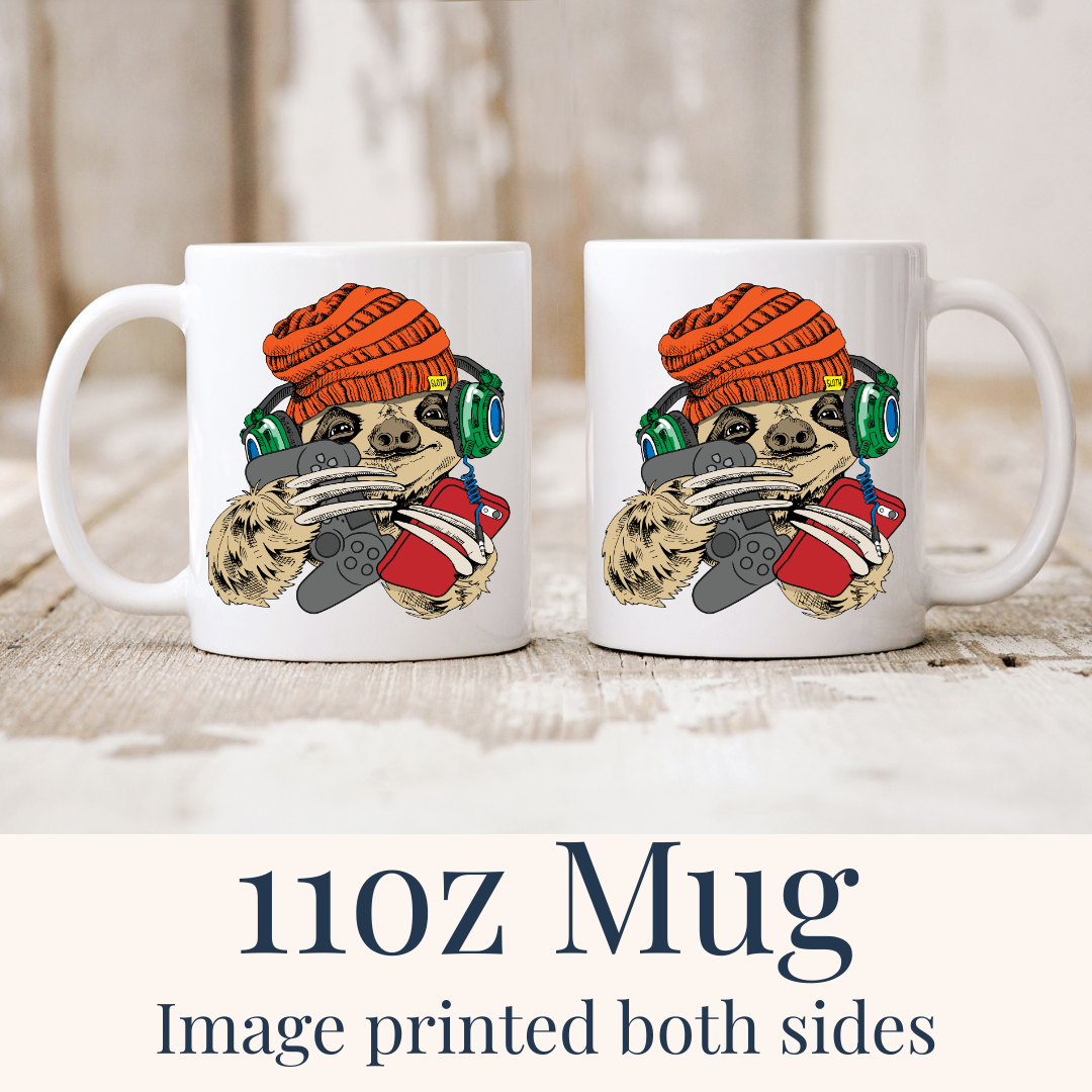 11oz Gamer Sloth ceramic mugs, with the sloth design visible on both sides, from Coffee and Moo.