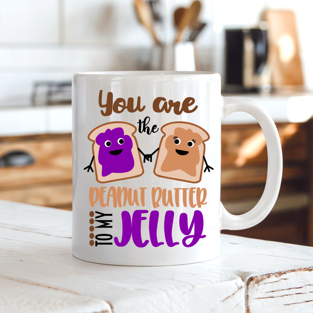 Peanut Butter & Jelly matching coffee mug set on a country kitchen bench, perfect for couples or best friends, by Coffee and Moo.
