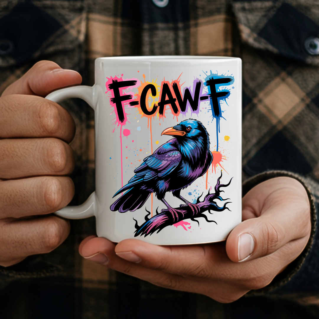 Male holding F-CAW-F Funny Crow humorous coffee mug, showcasing the design and comfortable grip, by Coffee and Moo.