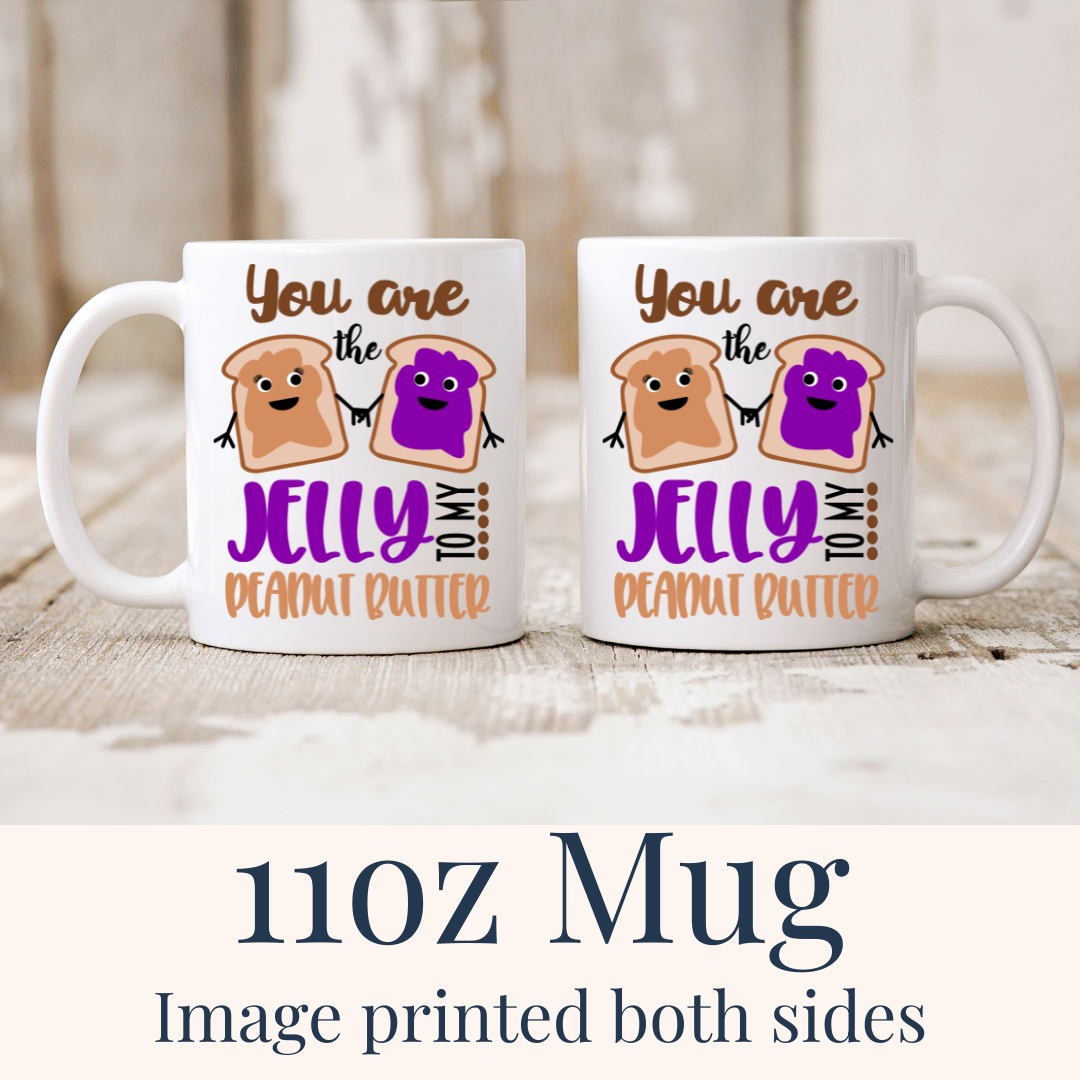 sweet 11oz Peanut Butter & Jelly ceramic mugs, with the "peanut butter" and "jelly" designs visible on both sides, from Coffee and Moo.