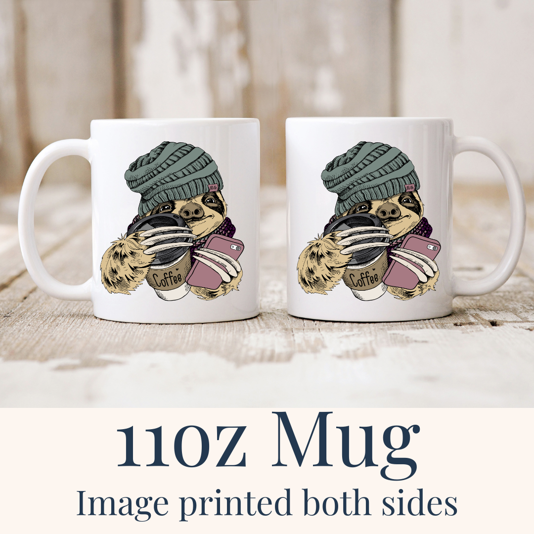 11oz Cozy Coffee Sloth ceramic mugs, with the full design visible on both sides, from Coffee and Moo.