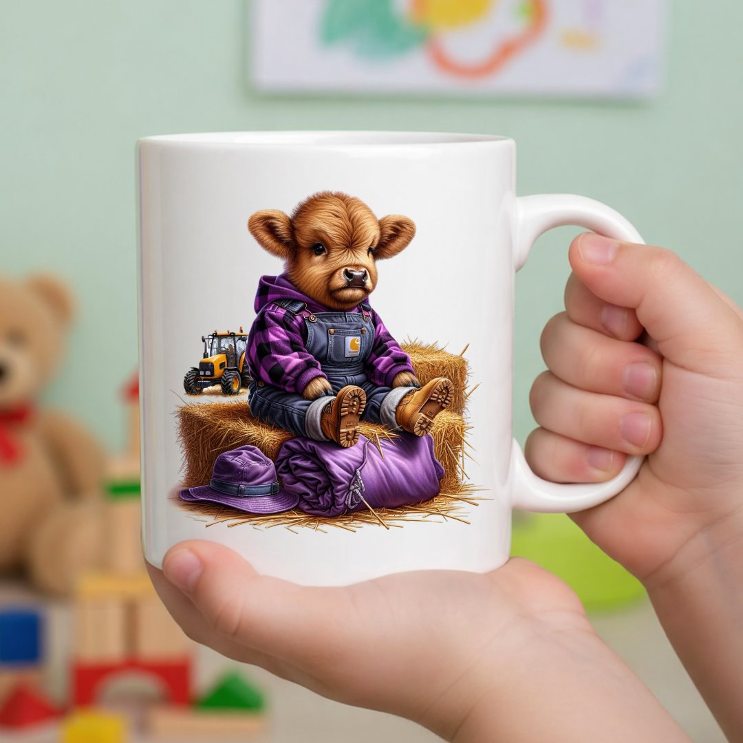 A happy child holding the purple Highland calf mug, showing it’s the perfect size for little hands.