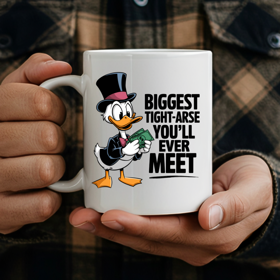 Male holding 11oz Biggest Tight-Arse Funny Duck unique coffee mug, highlighting the "Biggest tight-arse you’ll ever meet" design, from Coffee and Moo.