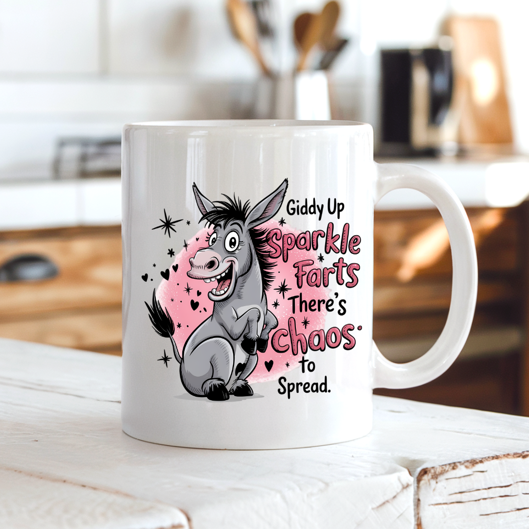 Giddy Up Sparkle Farts Funny Donkey coffee mug on a country kitchen bench, adding humour to a rustic setting, by Coffee and Moo.
