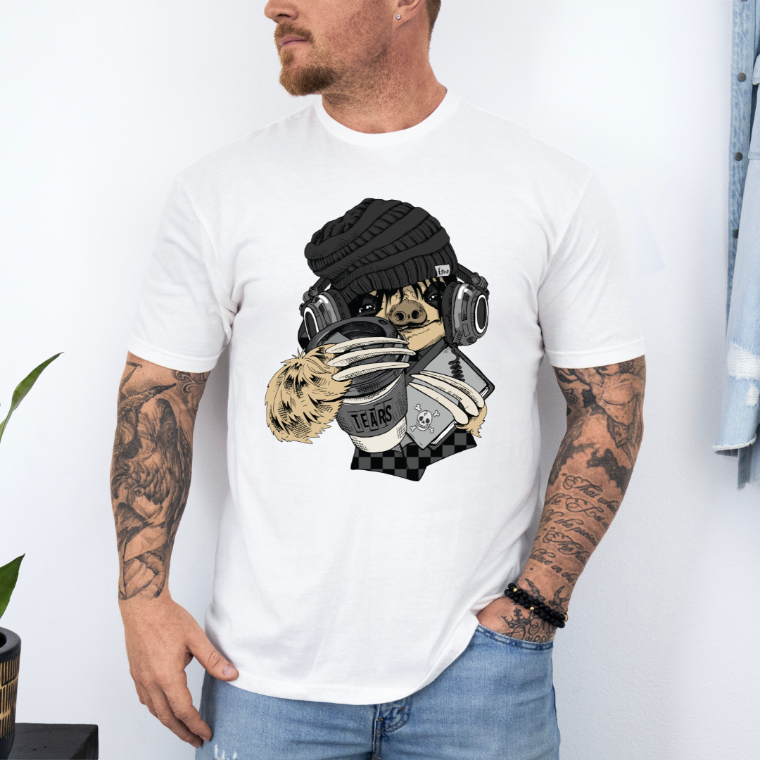 Male Model wearing a white Emo Sloth Tears funny graphic t-shirt with detailed sloth design, from Coffee and Moo.