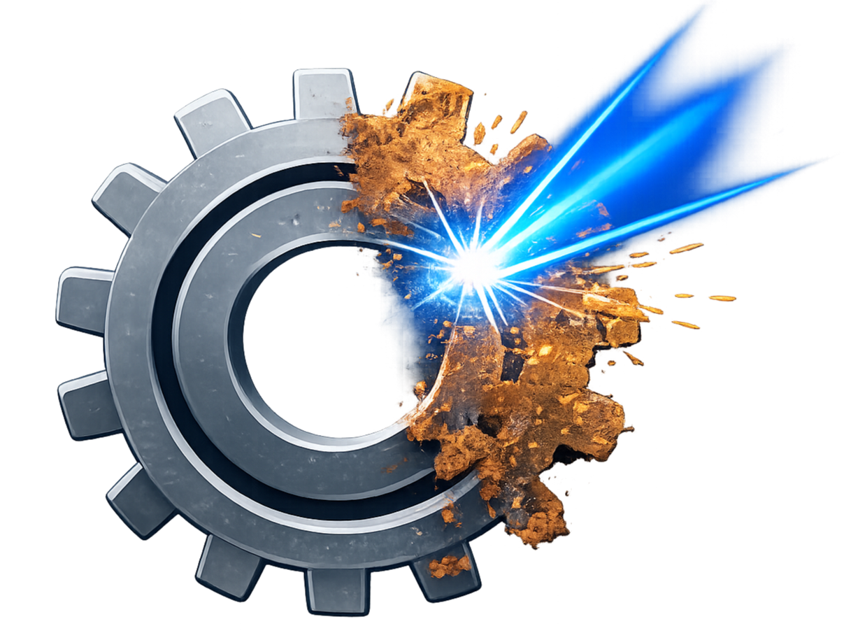 A steel gear wheel with sparks flying as a plasma cutter welds into it, creating a burst of bright blue light and sparks.