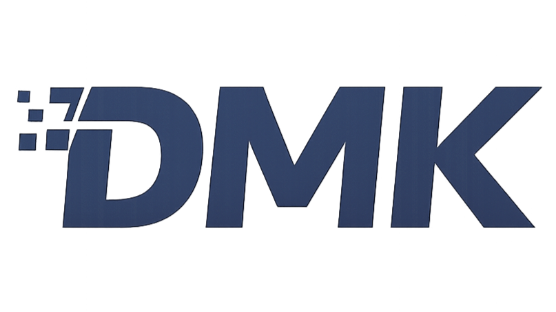 3D hashtag and letters '#DMK' in blue with red and purple accents.