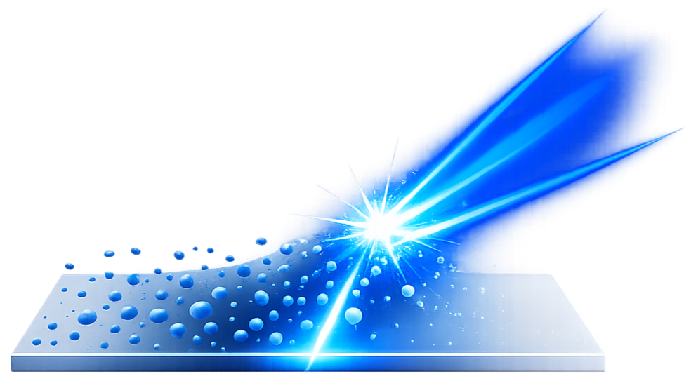 Close-up of an industrial laser cutting through metal, creating bright sparks and light beams.
