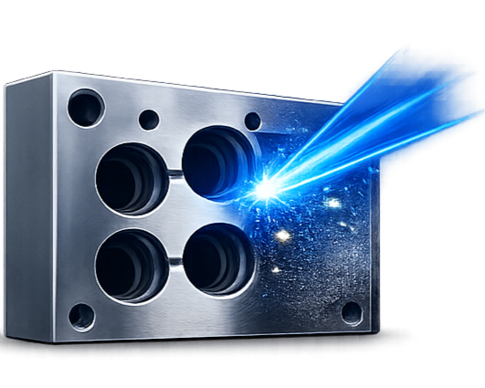 A metal speaker cabinet with five circular speaker openings and a laser beam shooting out of one opening, creating a spark and light effects.