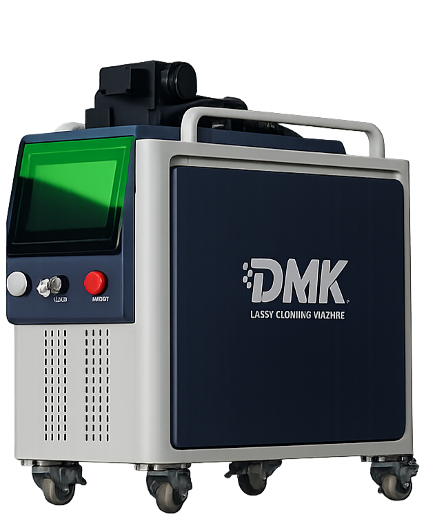 Medical device for cloning or cell manipulation, branded DMK, with control screen and buttons, mounted on wheels.