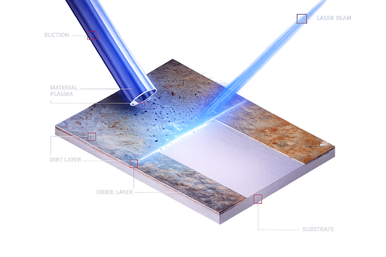 Illustration of laser etching process on a material surface showing laser beam directed at a substrate with labeled layers: substrate, oxide layer, dirt layer, material plasma, and suction.