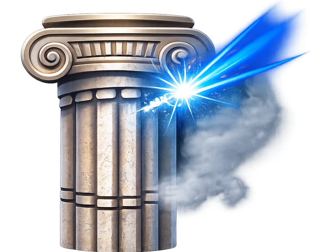 A classical column with a blue laser beam and lightning bolt shooting out of the top, surrounded by clouds.