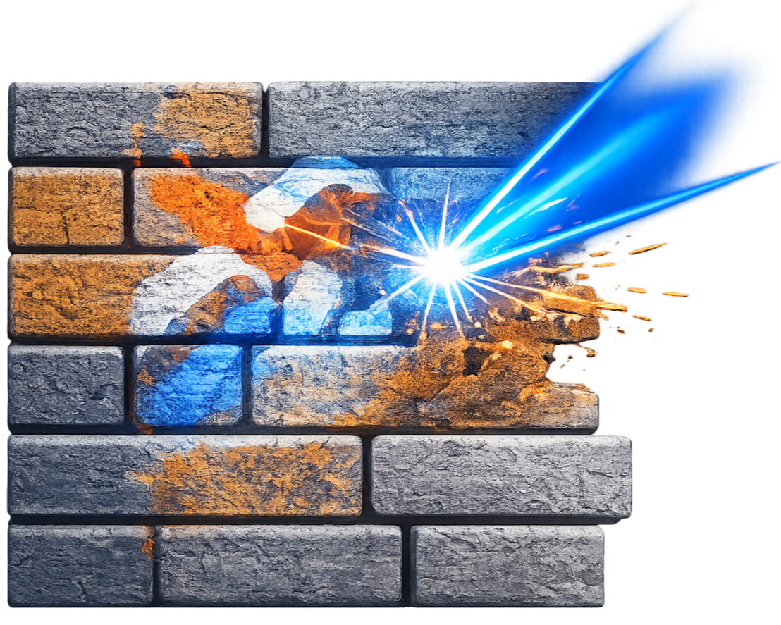 A graffiti of a lion's face on a brick wall with a welding torch creating sparks near it, illuminating the scene with blue and orange light.