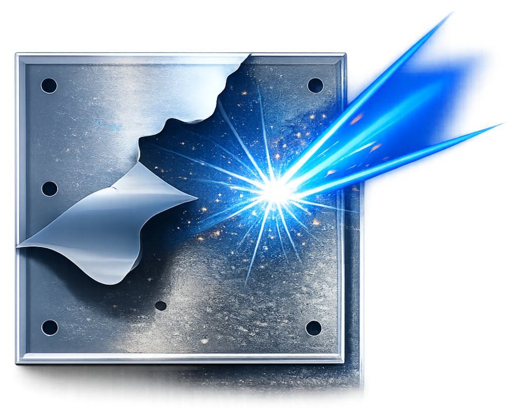 A piece of metal with a hole in each corner, with a clean break and bright blue sparks coming from the center of the break.
