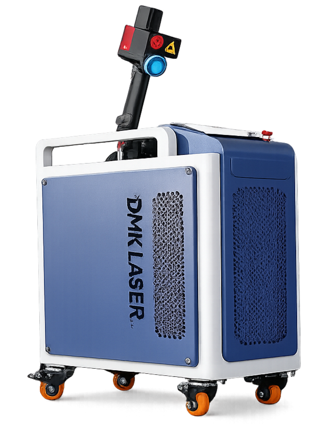 A blue and white DMI K Laser machine with a controller mounted on top, equipped with orange caster wheels.