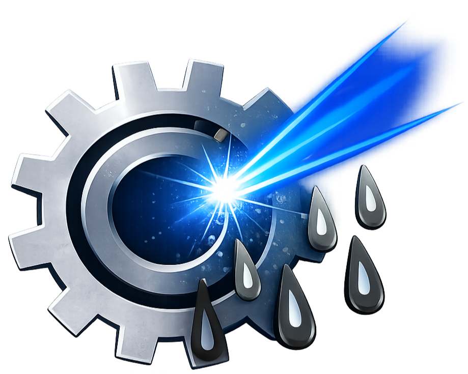 A metallic gear with a laser beam shooting out, breaking apart, and droplets of liquid around it.