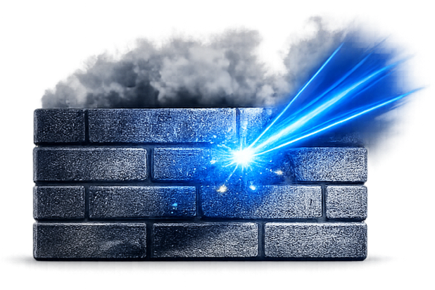 A digital illustration of a brick wall being hit by a blue laser beam with smoke or clouds emanating from the impact.