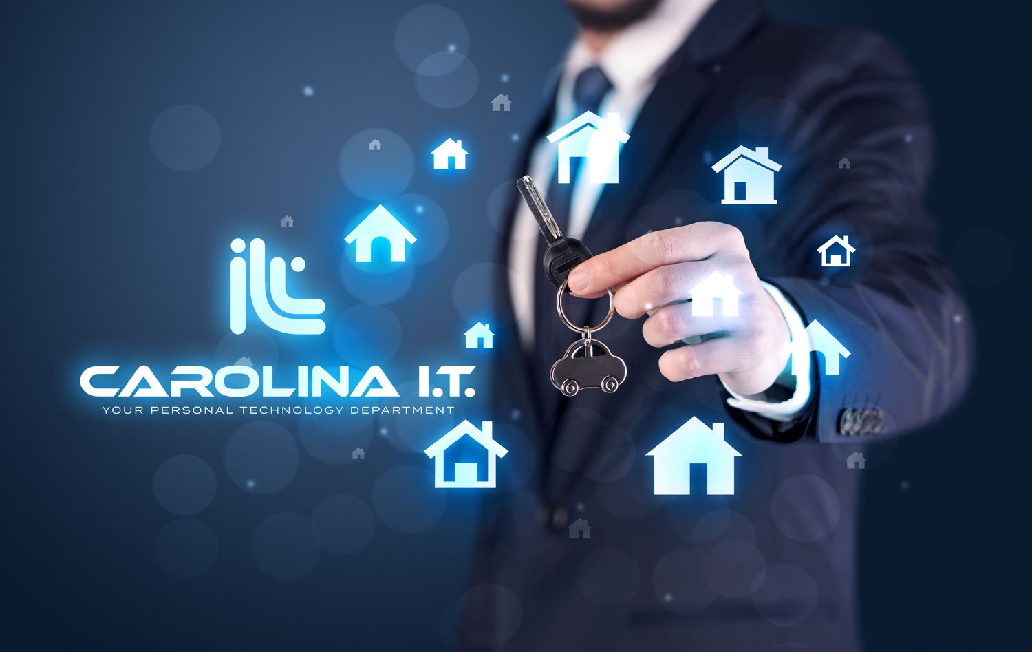 Business person holding a car key with house icons and digital graphics around, representing smart home technology and real estate as part of Carolina I.T.'s services.