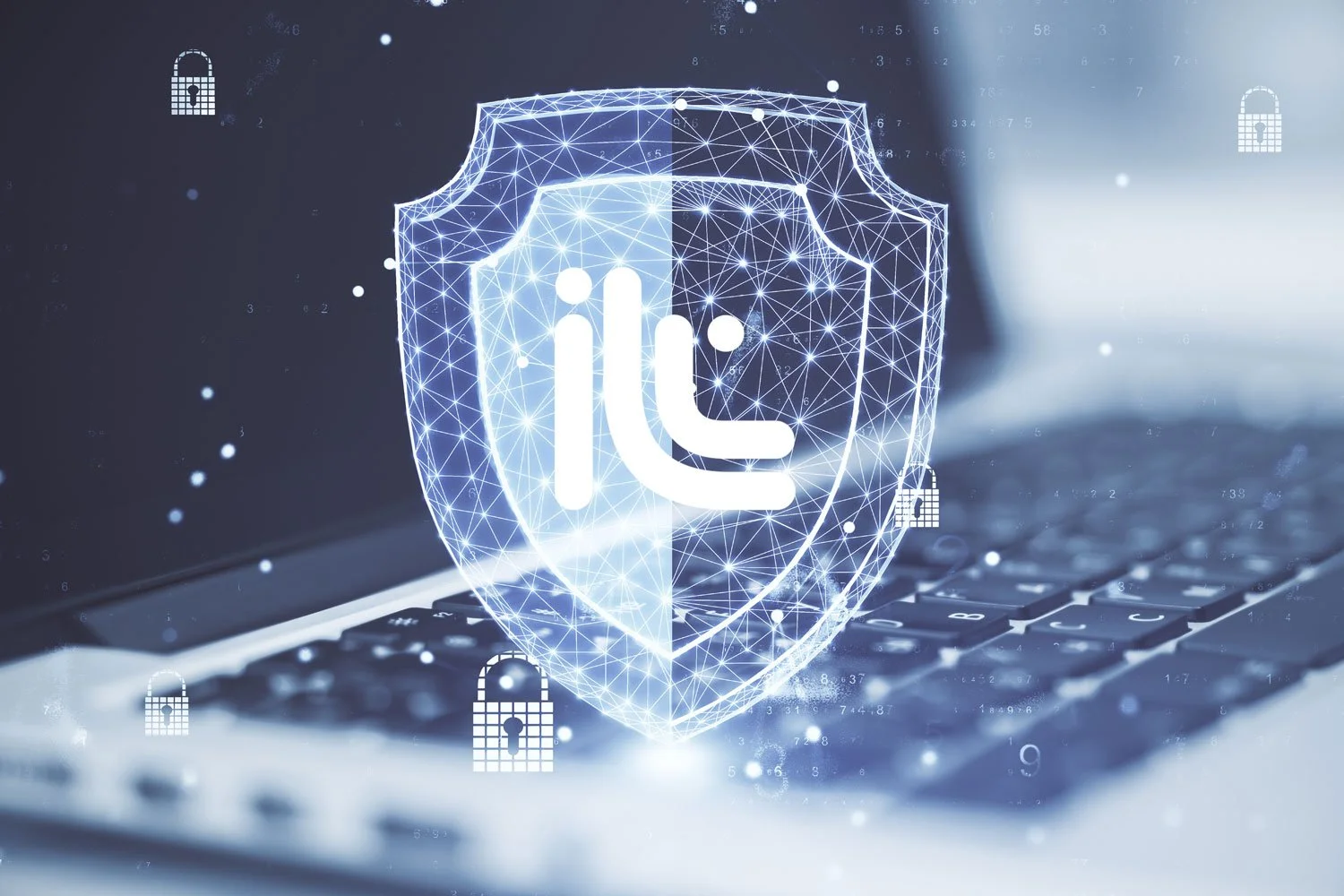 A digital shield with a Wi-Fi signal icon in the center, overlaid on a keyboard, surrounded by small padlock icons, symbolizing cybersecurity and online safety.