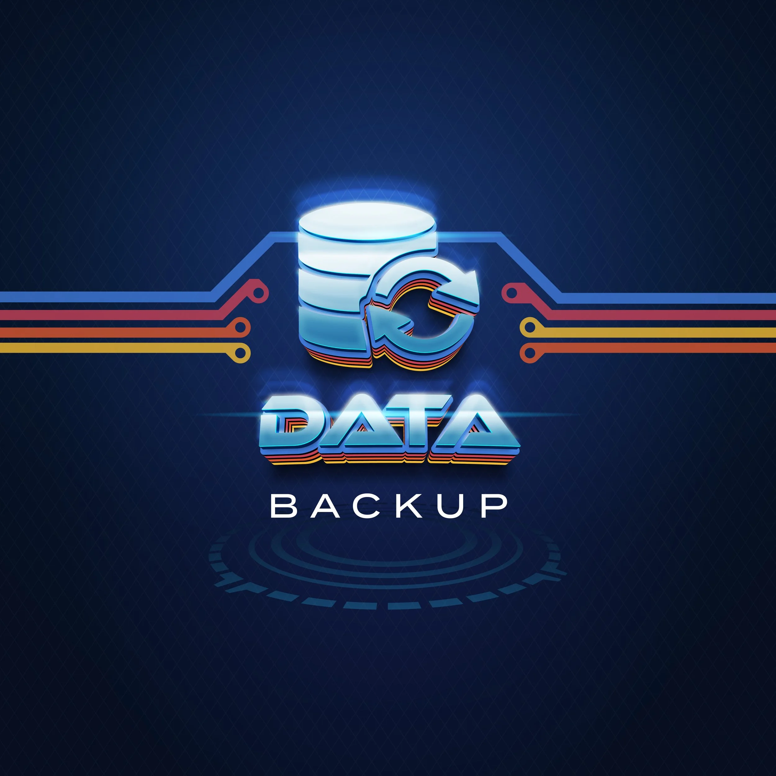 Digital illustration of a database icon with layered circles connected by circuit lines and the text 'DATA BACKUP' beneath it.