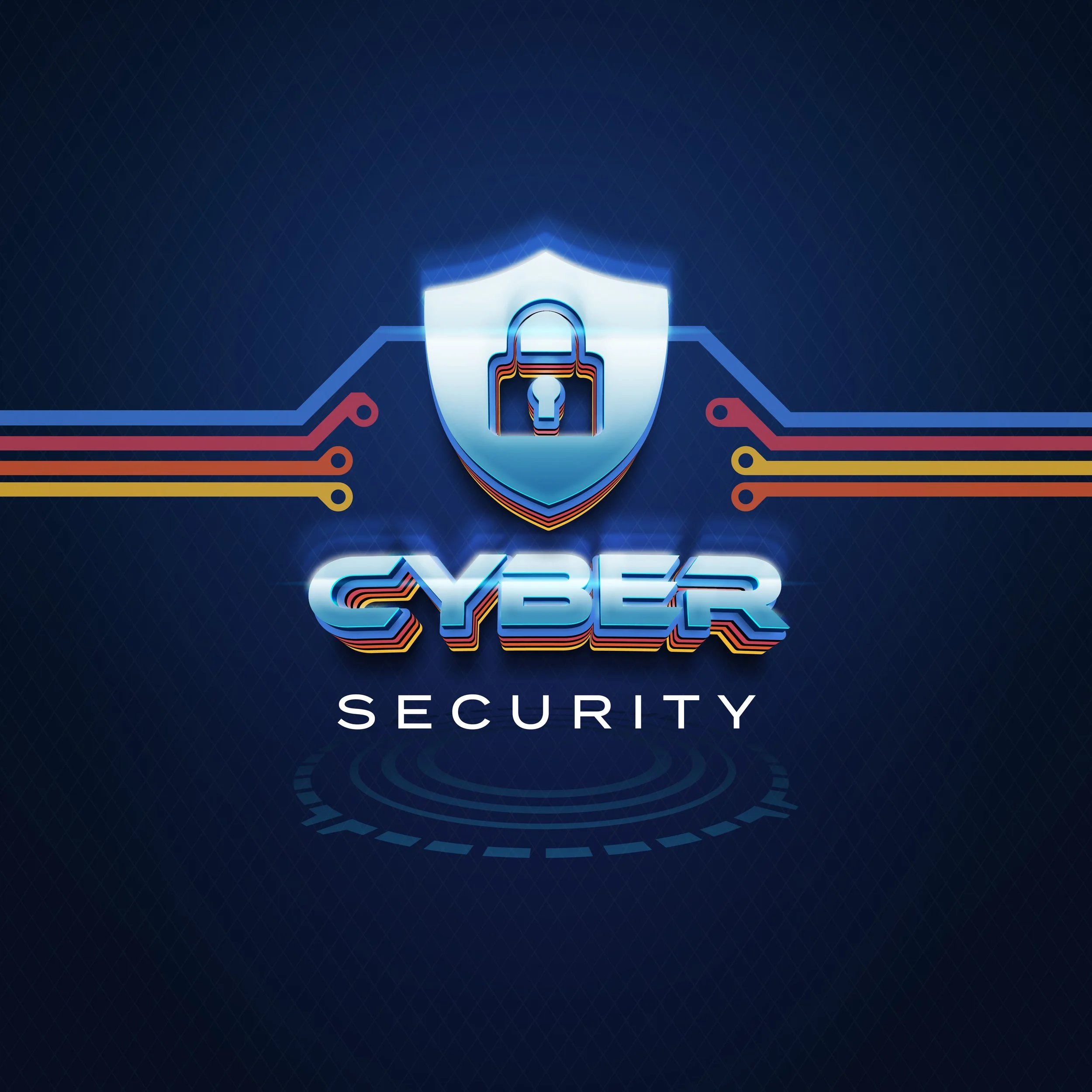 Cybersecurity illustration with a shield, lock, and circuit lines, featuring the words "CYBER SECURITY" in bold, futuristic font.