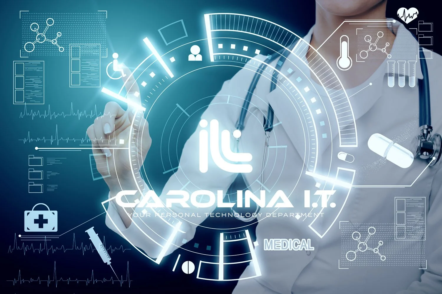 A doctor in a white coat and stethoscope interacts with a digital interface featuring medical icons, graphs, and the text 'Carolina IT' and 'Your Personal Technology Department.'