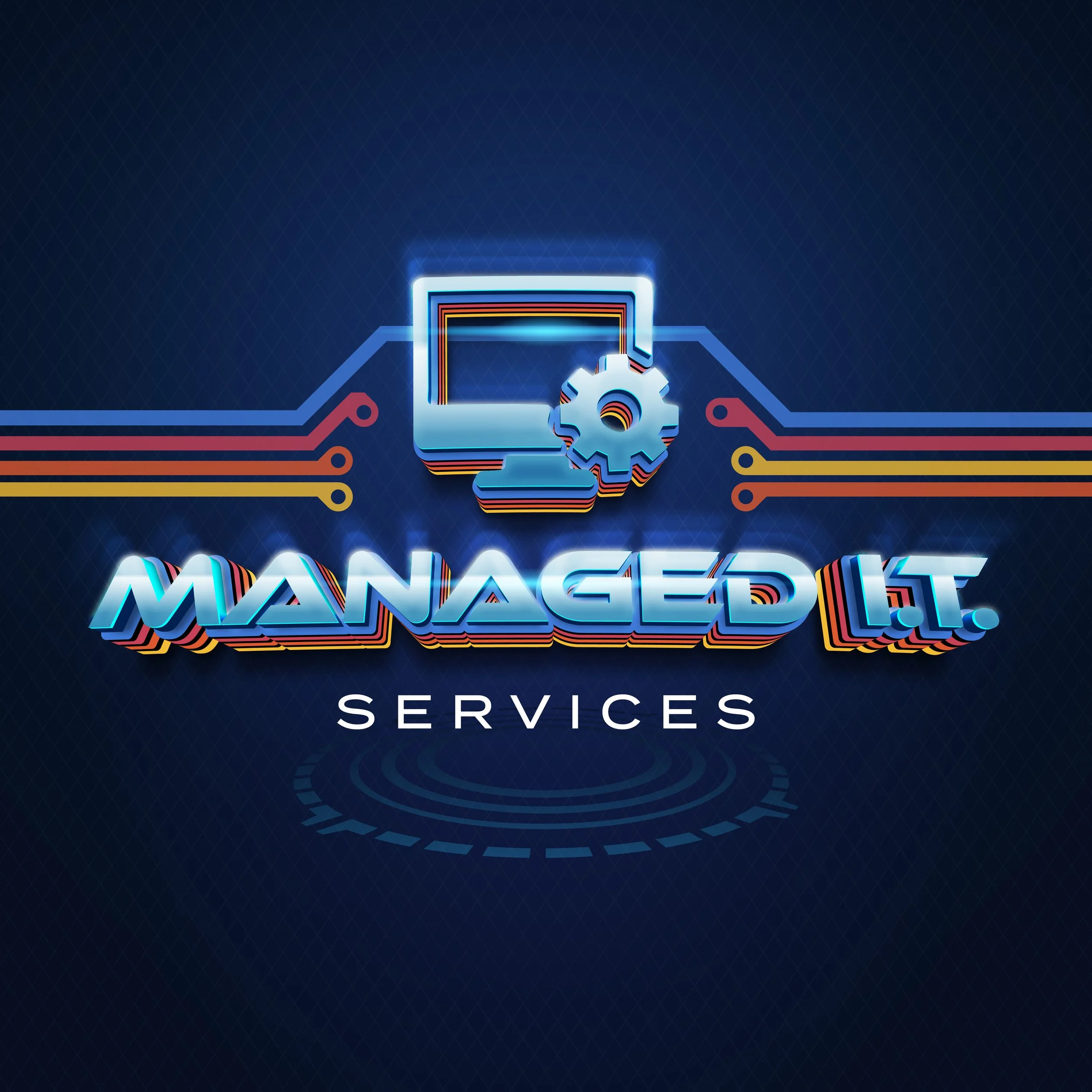 Neon digital illustration of a computer monitor with a gear symbol, background with circuit lines and the text 'MANAGED IT SERVICES'.