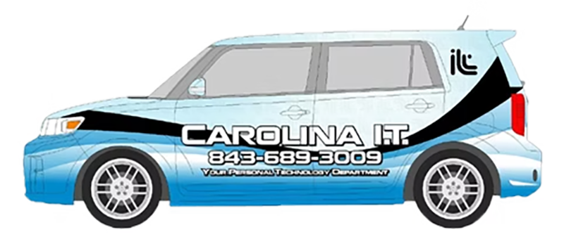 A light blue and black car with the logo and contact information for Carolina I.T., a personal technology department, on the side.
