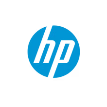 HP logo with blue circle and black text