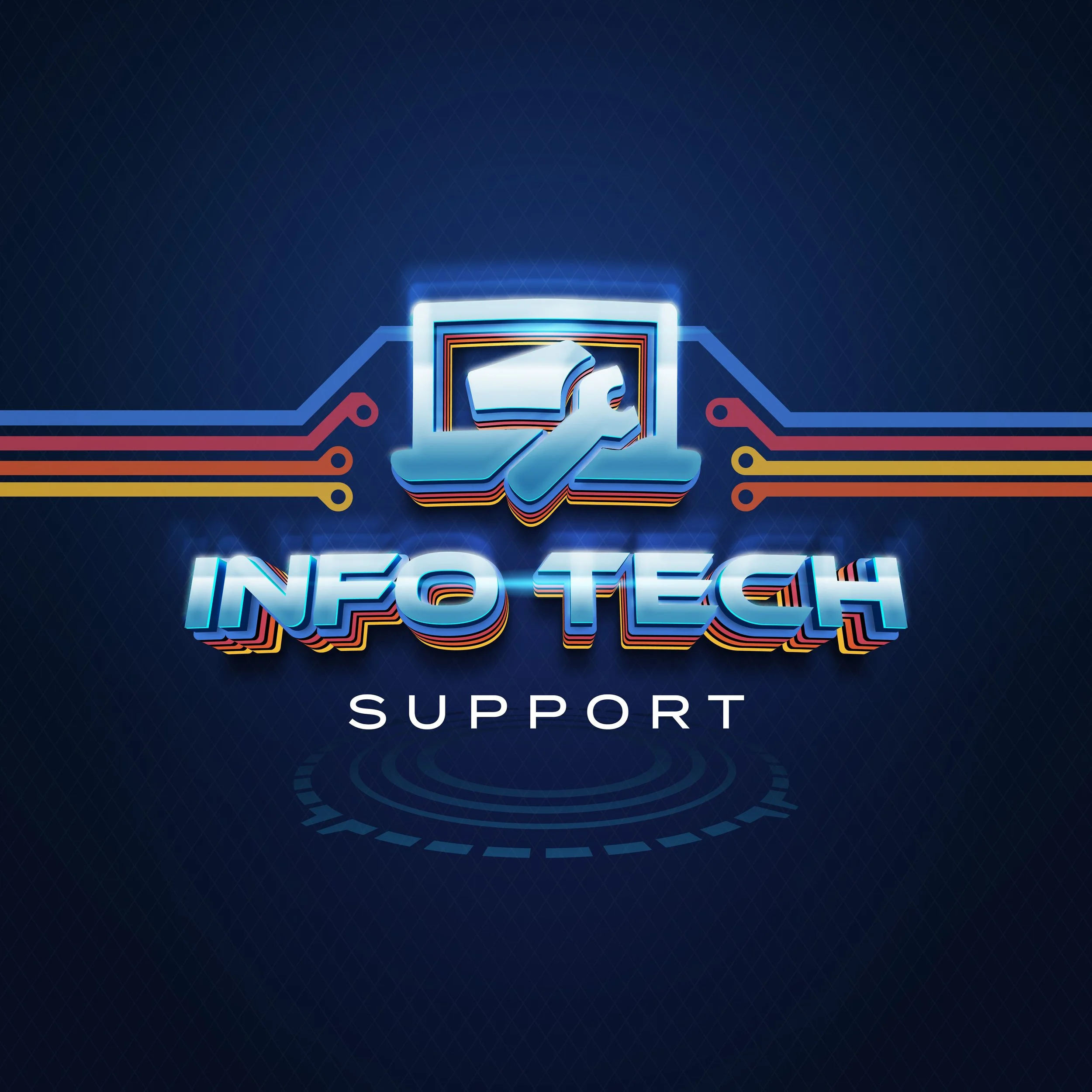 A digital illustration featuring the words 'INFORMATION SUPPORT' with futuristic neon-style fonts against a dark blue, circuit-themed background.